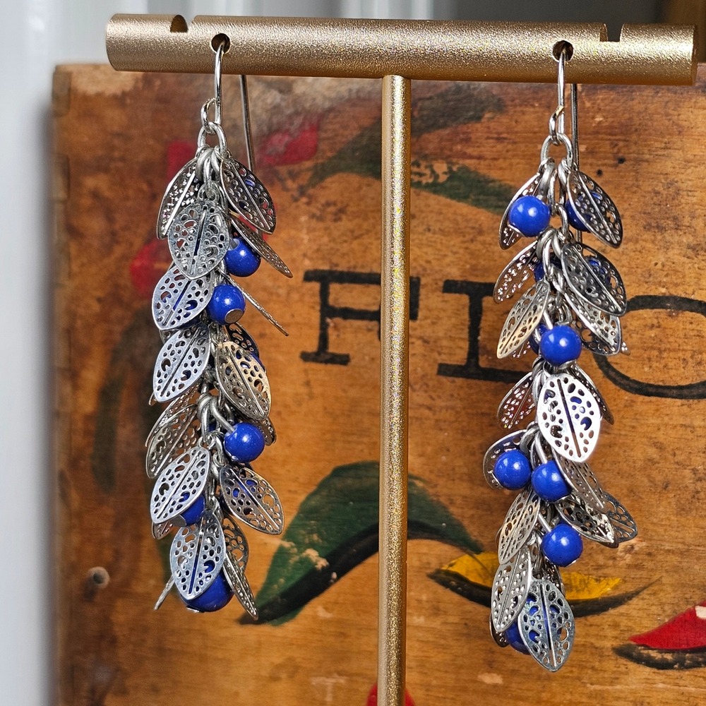 Blue Silver Leaf Dangle Earrings Womens OS Cluster Beaded Drop Boho 0135
